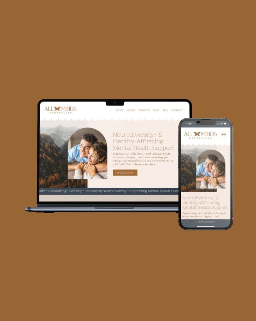 Custom therapist mobile and desktop website featuring warm, welcoming color palette and custom logo.
