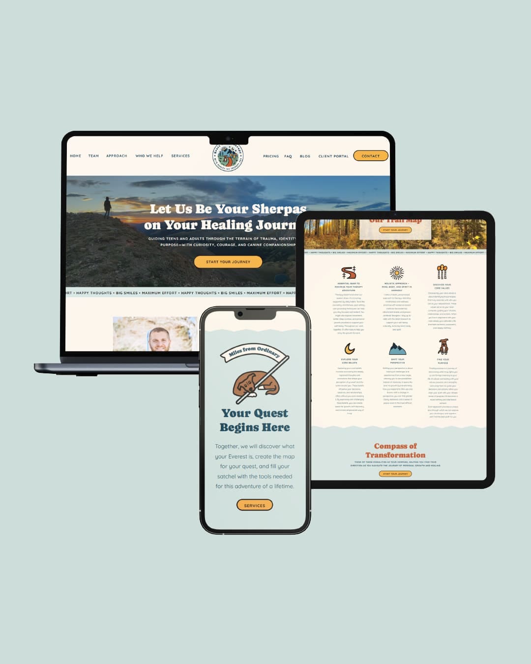 Custom therapist logo and website featuring outdoor adventure elements and therapy dog